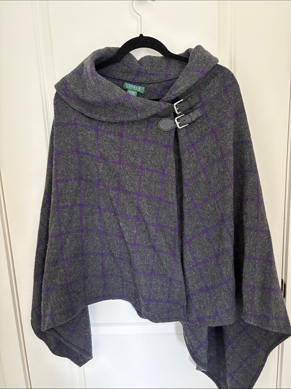 Lauren Ralph Lauren Gray & Purple Windowpane Wool-Blend Poncho